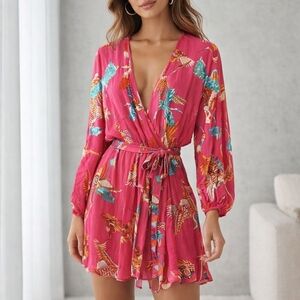 TAJ By Sabrina Crippa Alala Mini Dress - Fuxia Boho Hiro Birds - Medium